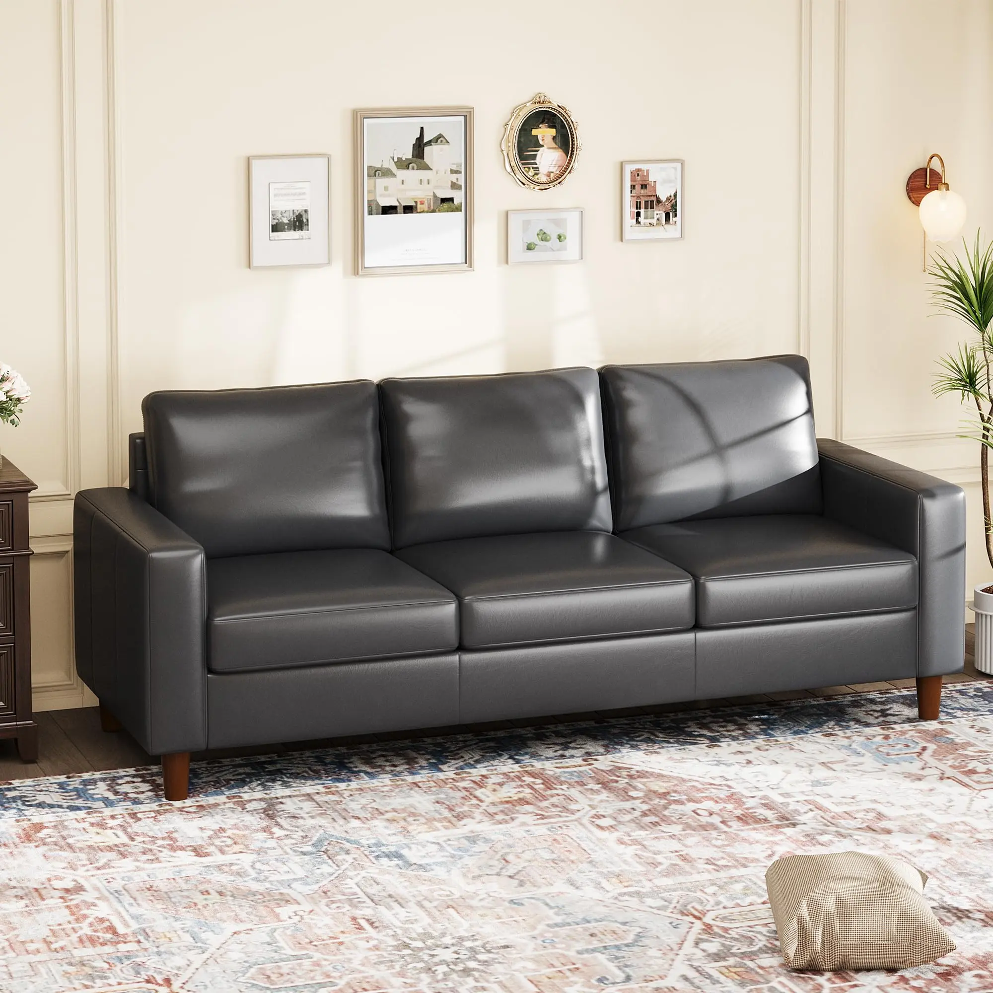 83" Mid-Century Modern Faux Leather Sofa 3-Seater Vintage Cognac Couch Bolster Arms PU Leather Wood Legs