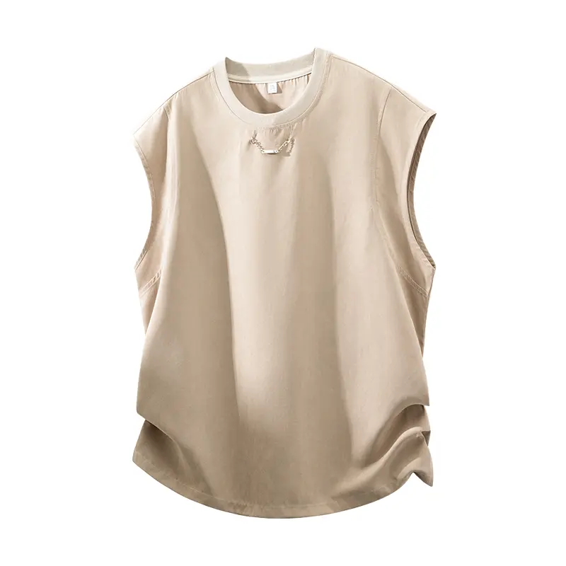 Men’s Casual Plain Round Neck Sleeveless Vest - Menswear Tops with Neckline Metal Chain Decoration, Smooth Draping Breathable Fabric, Suitable for Daily Outfits, Commuting