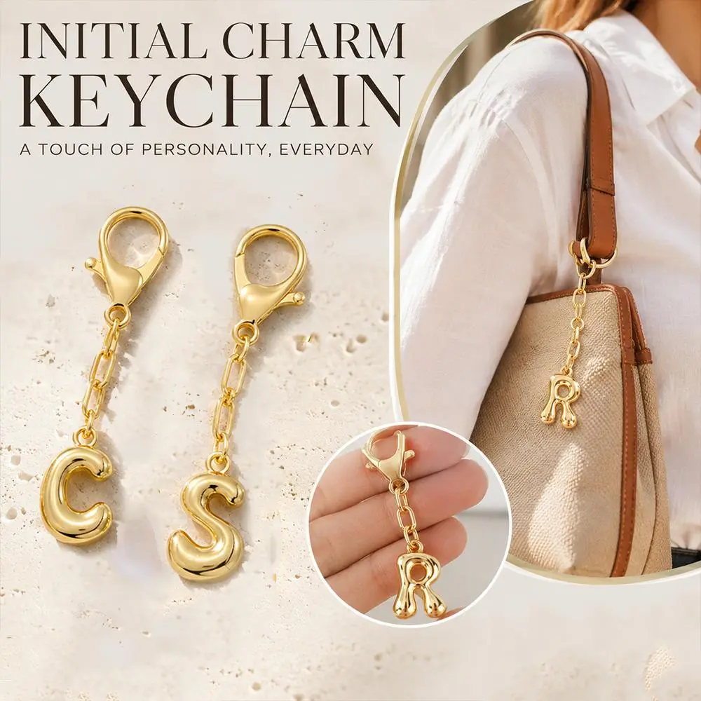 14K Gold Plated Initial Keychains Cute Bubble Letter A-Z Bag Pendant Chain Car Key Bag Purse Decorative Keyring Charm Accessory Letter Keychain for Wallet, Handbags and Tote Bags, Everyday Bag Essential Accessories