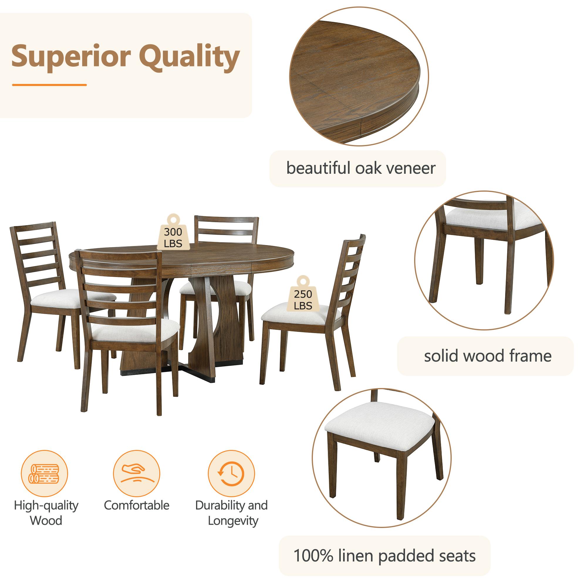 ARCH TREXM Round Dining Table for 4 with Chairs Set, Extendable Dining Table Set with 16" Removable Middle Leaf, 5 Piece Retro Dining Table Set Unique Geometric Design for Kitchen, Dining Room (Walnut)