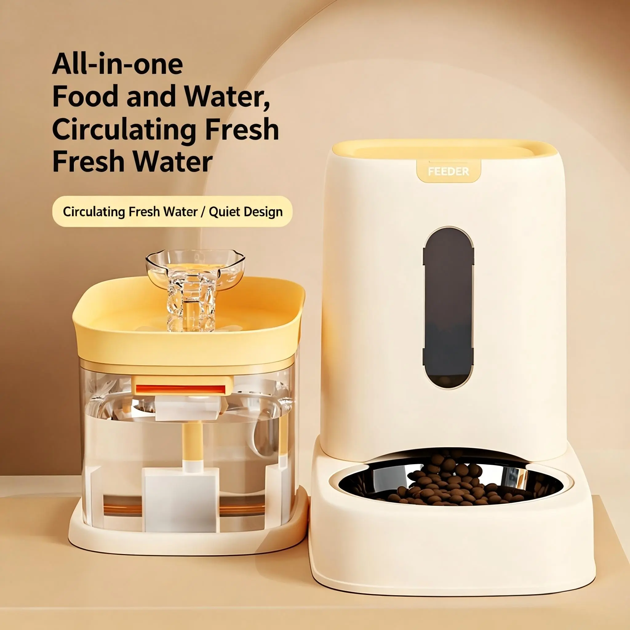 Automatic Pet Feeder and Water Fountain Combo, Quiet Dry Wet Separation, Self-Circulating Water, Bowl Included, Ideal for Small Pets