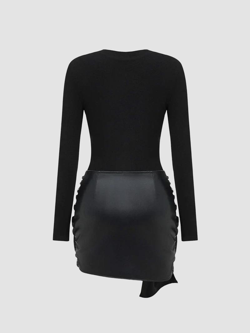 Women's Patchwork Knot Side Dress, Casual Fashion Long Sleeve Dress for Daily Wear, Ladies Clothes for All Seasons, Womenswear