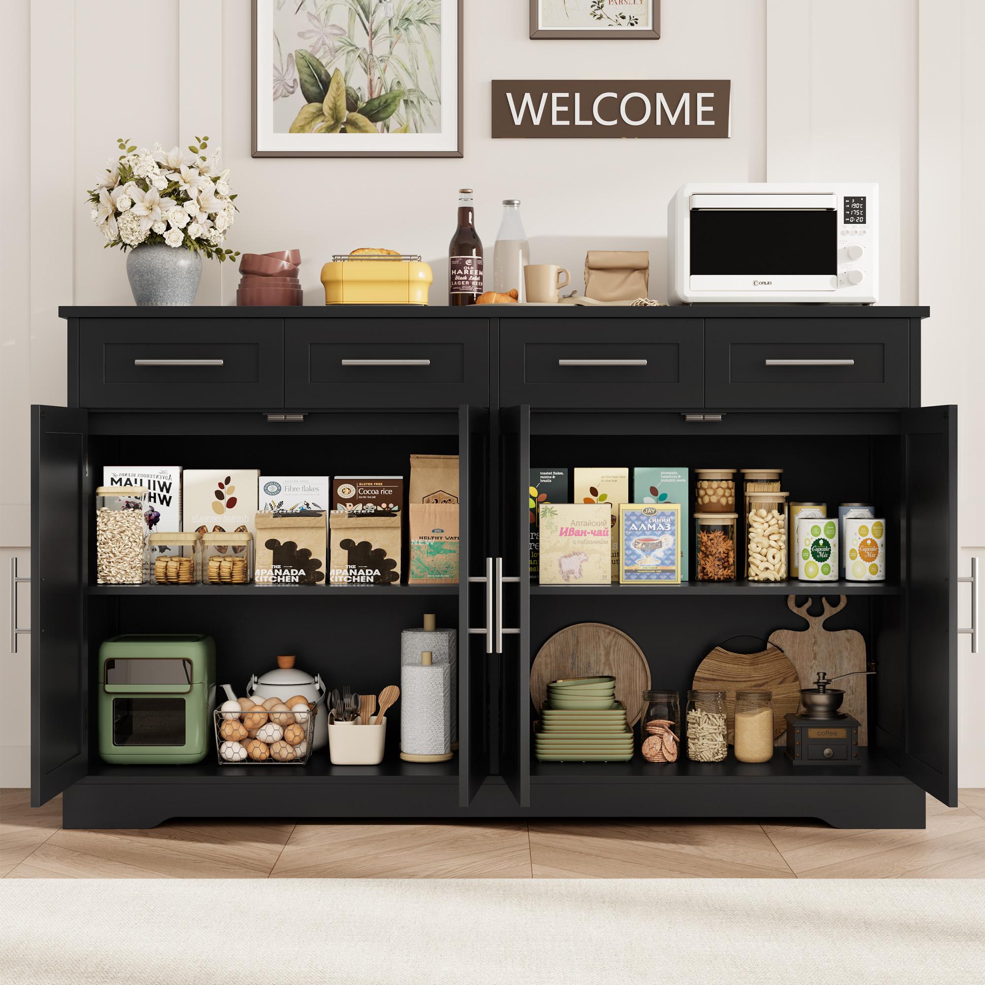 【2 packages shipping 】HOSTACK Buffet Sideboard with Storage, Kitchen Buffet Storage Cabinet with 4 Drawers, Modern Coffee Bar Cabinet with Gold Handles, Long Sideboard Buffet Table for Kitchen