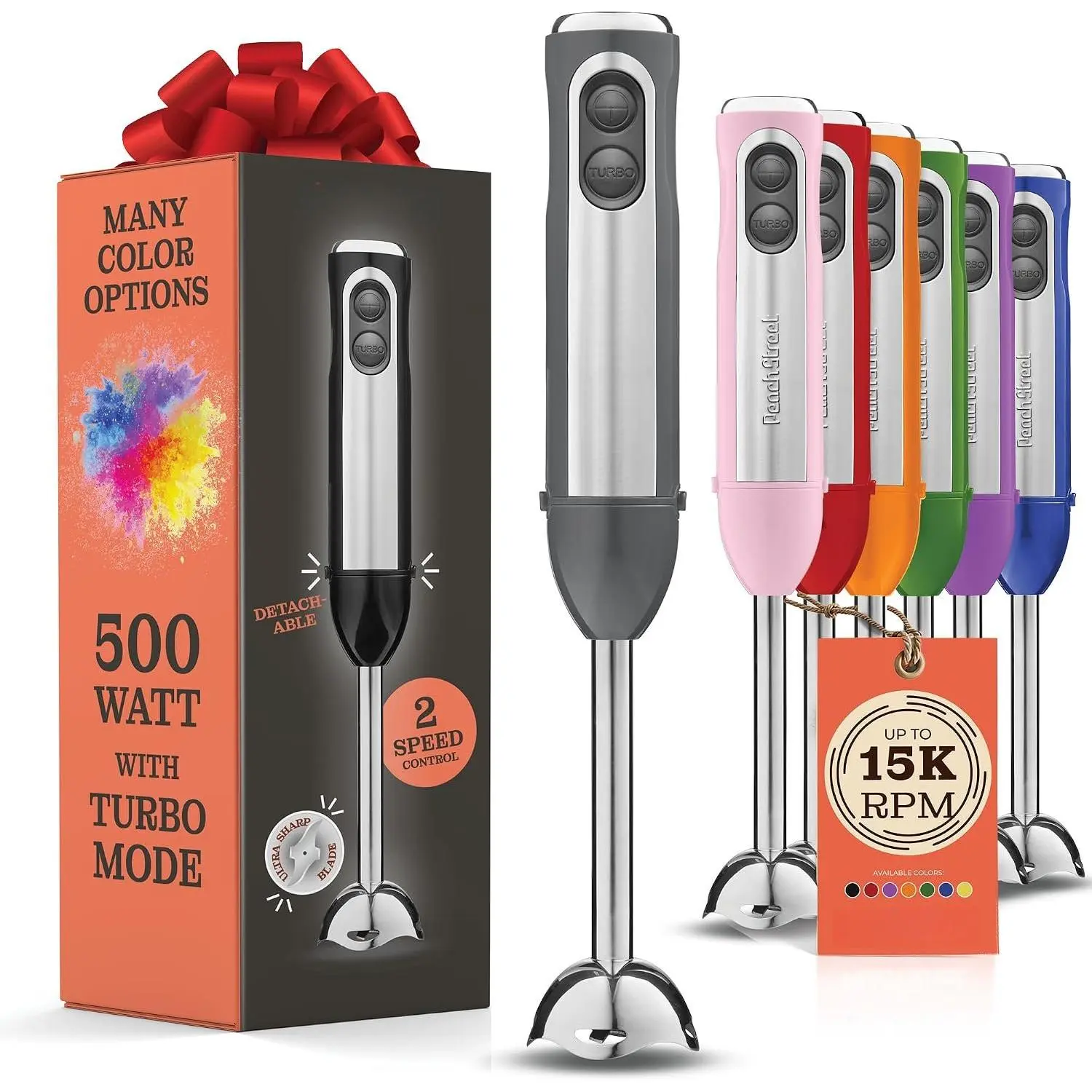 Immersion Blender, Electric Hand Blender 500 Watt with Turbo Mode, Detachable Base. Handheld Kitchen Blender Stick for Soup, Smoothie, Puree,  , 304 Stainless Steel  (Grey)