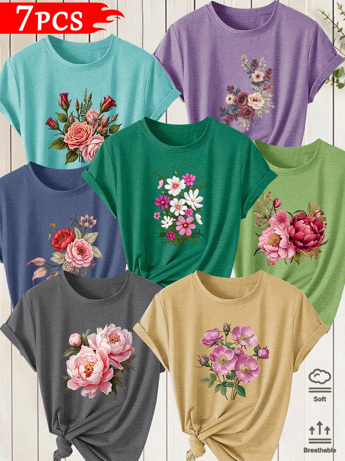 7Pcs Women's Short Sleeve Crew Neck Tees, Vintage Colorful Flower Pattern, Multi-Color Options, Machine Washable Spring & Summer Tops, Soft Skin-Friendly Fabric, Daily Matchable, Trendy Fashion Design Basic Tops