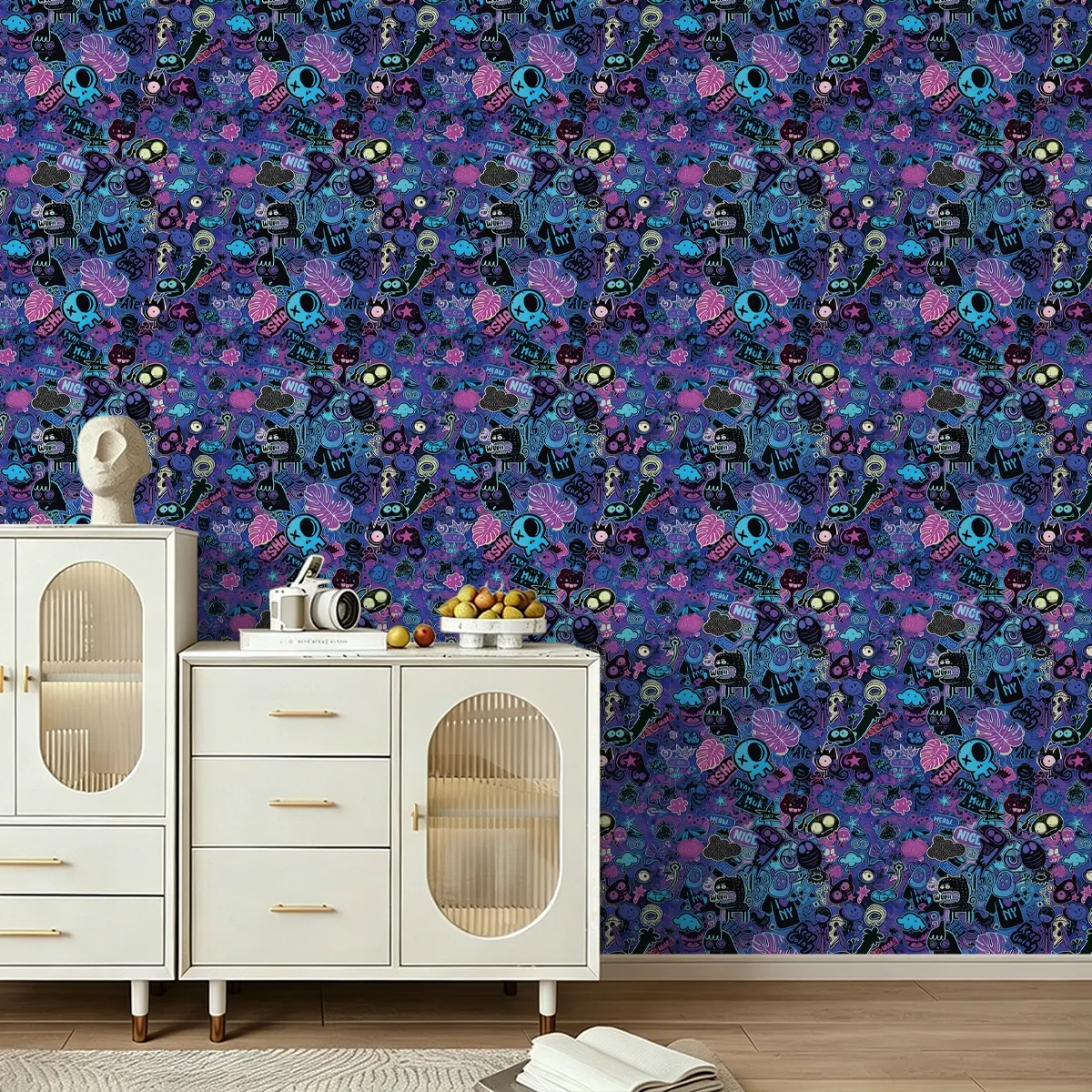 1 Roll Peel & Stick PVC Wallpaper,Trendy street graffiti pattern, Instant peel wall sticker with stable pure color, covers wall dirt, renovation film for apartment, internet cafe, dining room & old furniture