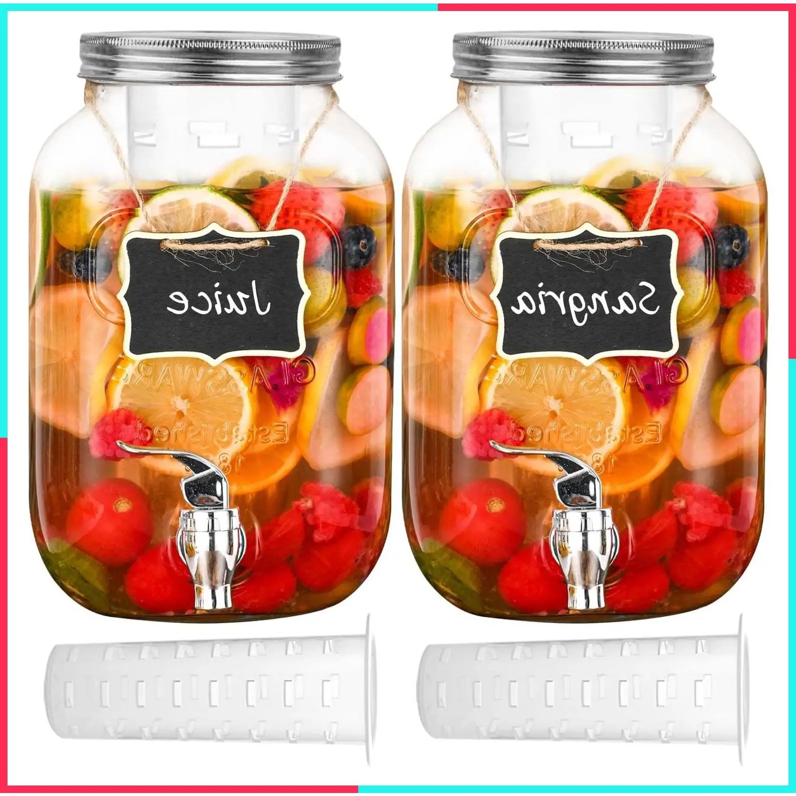 1 Gallon Glass Drink Dispensers for Parties, 2 Pack Beverage Dispenser with Fruit Infuser and Easy Flow Spigot, Water Juice Punch Bowl Dispenser for Outdoor, Laundry Detergent Dispenser