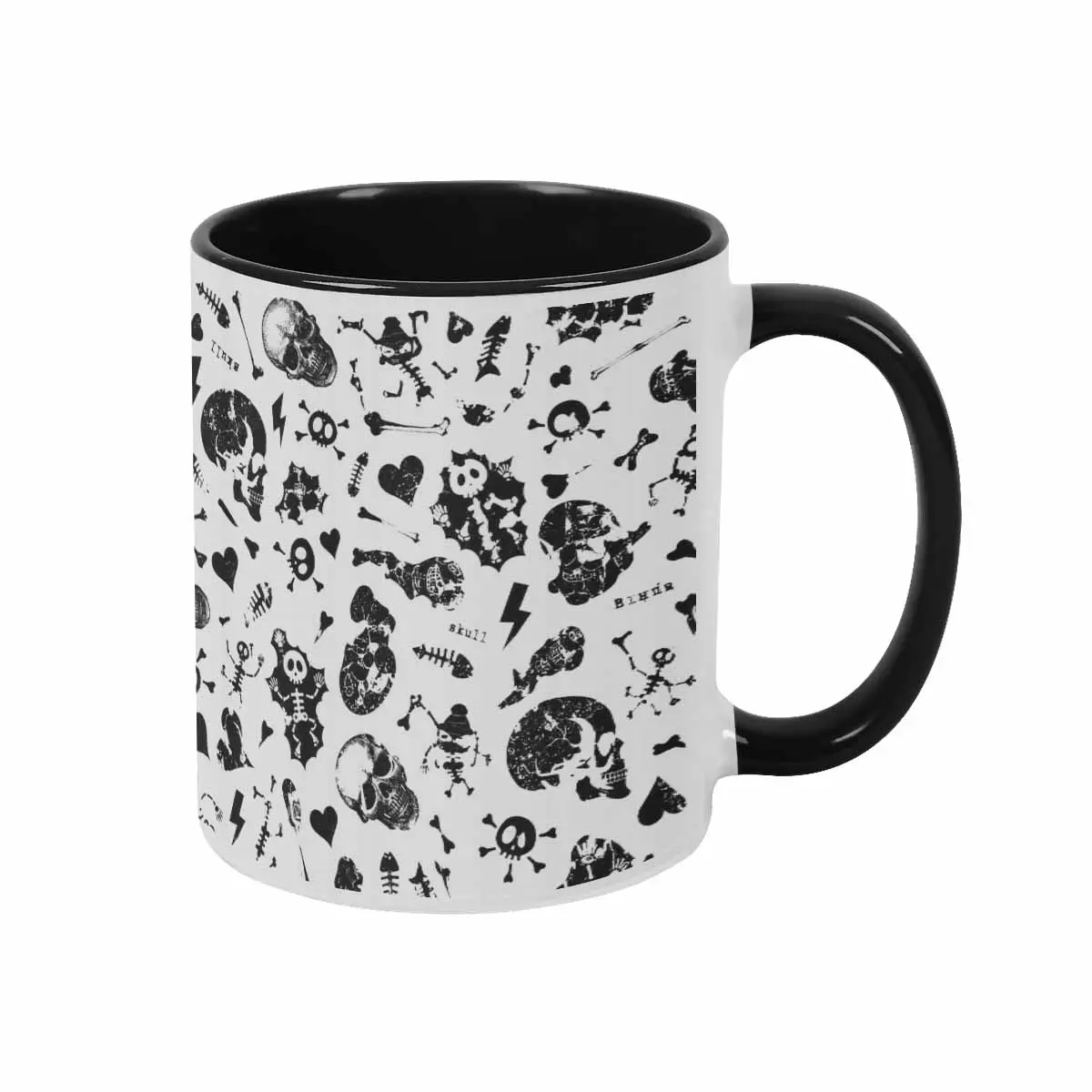 Gothic Skull Mug 11oz 15oz Black White Skeleton Bone Heart Lightning Print Vintage Punk Aesthetic Durable Ceramic Coffee Cup for Halloween Office Cafe Gift Home Decor Party Use