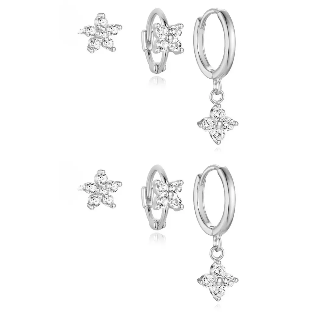 Flower Cubic Zirconia Earring Set, 14K Gold Plated Stackable Stud & Huggie Hoop Dangle Earrings, Hypoallergenic Copper Jewelry For Sensitive Ears, Minimalist Multi Piercing Layered Earrings, Daily Wear Fashion Jewelry Gift For Women Girls
