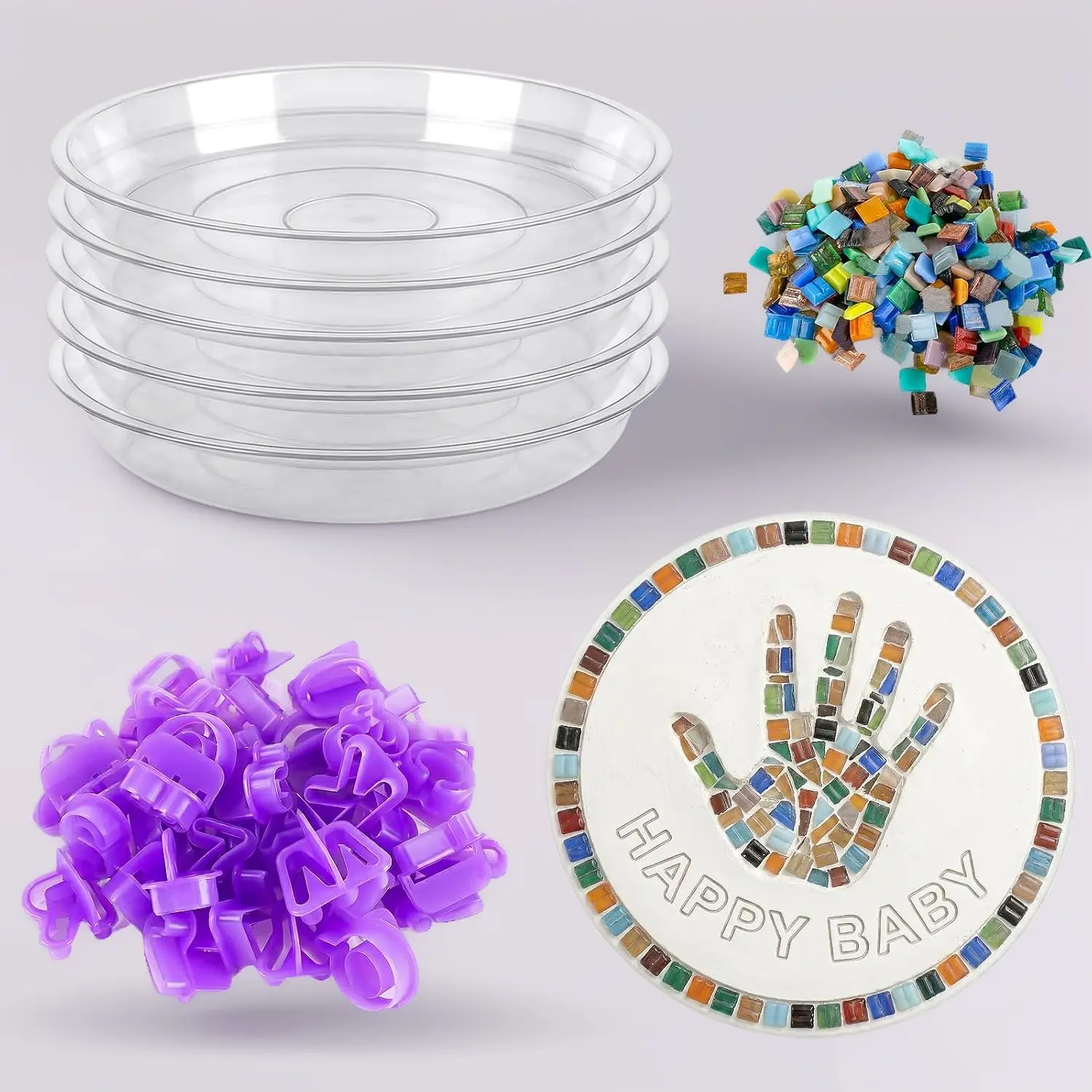 5PCS Stepping Stone Kit Includes Round Concrete Molds, Mosaic Tiles and Carving Tools,DIY Garden Stepping Stone kit for Kids,Family,Outdoor Walkways Pavement Decoration(No Concrete Mix)