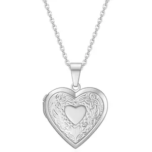 Vintage Embossed Floral Locket Necklace, Oval Round & Heart Shaped Photo Pendant Necklace for Women