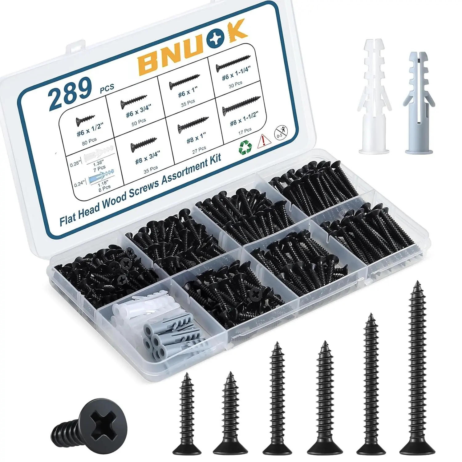 Wood Screws Assortment Kit, 289PCS High Hardness Flat Head Wood Screws Set, Assorted Screws,Phillips Drive,Black Dacromet Coated, 7 Sizes (1-1/2”,1-1/4”,1”,3/4”,1/2”)