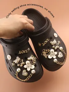 Sparkly Plastic Shoe Ornaments, Inlaid Crystal Bear Butterfly LOVE Letter Pearl Chain Clog Charms, Fashion Detachable Hole Shoe Decorations, Cute Accessory Set for Customize Slip On Sandals Footwear Decor