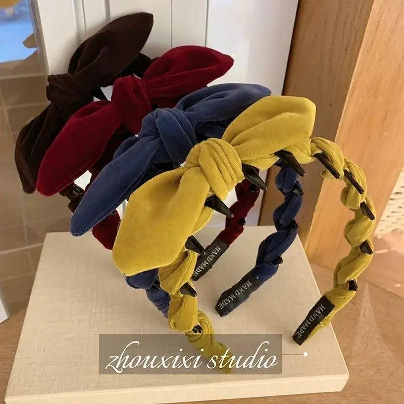 Women's Thick Velvet Wide Band Headband with Oversized 3-Dimensional Front Bow, Anti-Slip Teeth, Solid Colors - Autumn Winter Afternoon Tea Daily Commute Plush Hair Hoop Accessory, Oversized Three-Dimensional Front Bow, Hidden Teeth