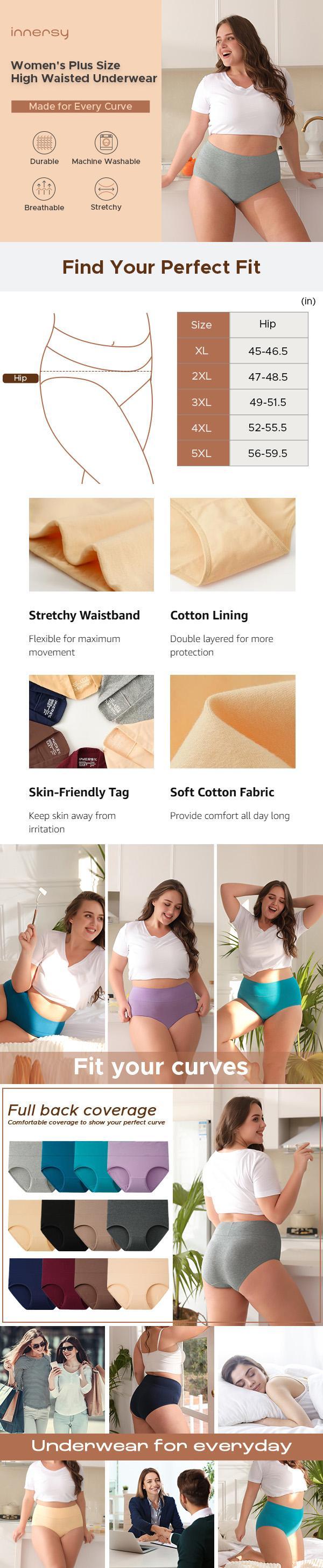 INNERSY Women's Plus Size XL-5XL High Waisted Cotton Underwear 4-Pack, Soft & Comfortable Full Coverage Briefs, Breathable Stretchy Fabric for Everyday Wear & All-Day Comfort