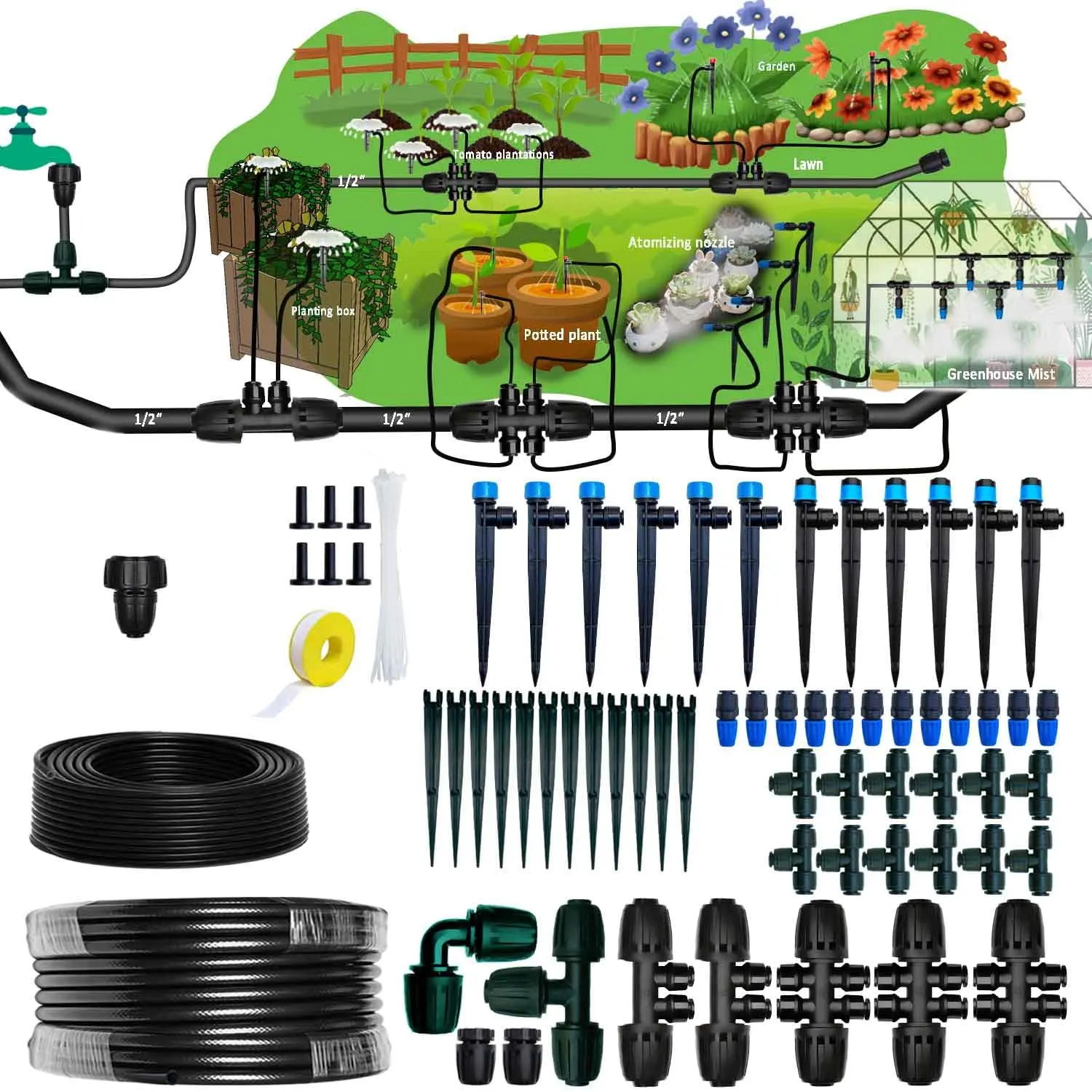 Drip Irrigation Kit for Garden,Main ID 1/2inch 16.5Ft and 1/4inch 96Ft Water Hose, Watering System Sufficient Water , Irrigation Dripper Waterflow Evenly Easy DIY