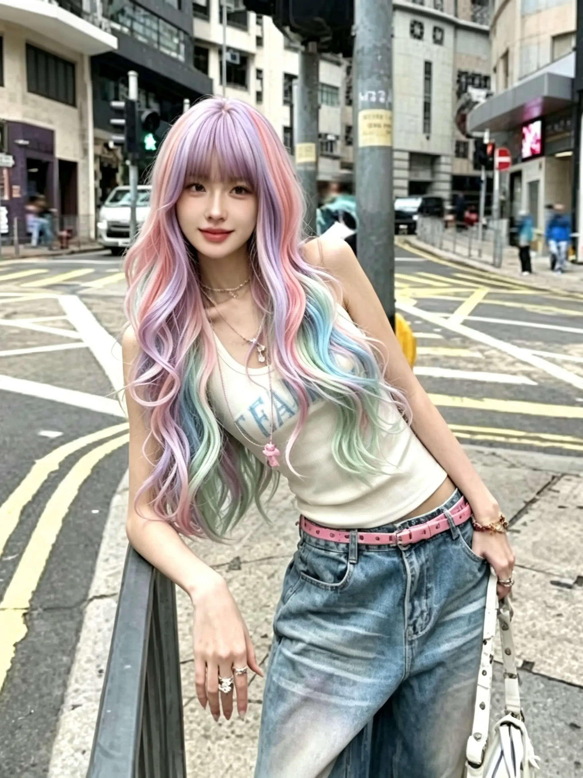 Pastel Rainbow Bangs Long Curly Synthetic Wig for Women, Perfect for Carnival, St Patrick's Day, Halloween, Valentine's Day, Role Play, Parties, Stage Performances, Music Festivals