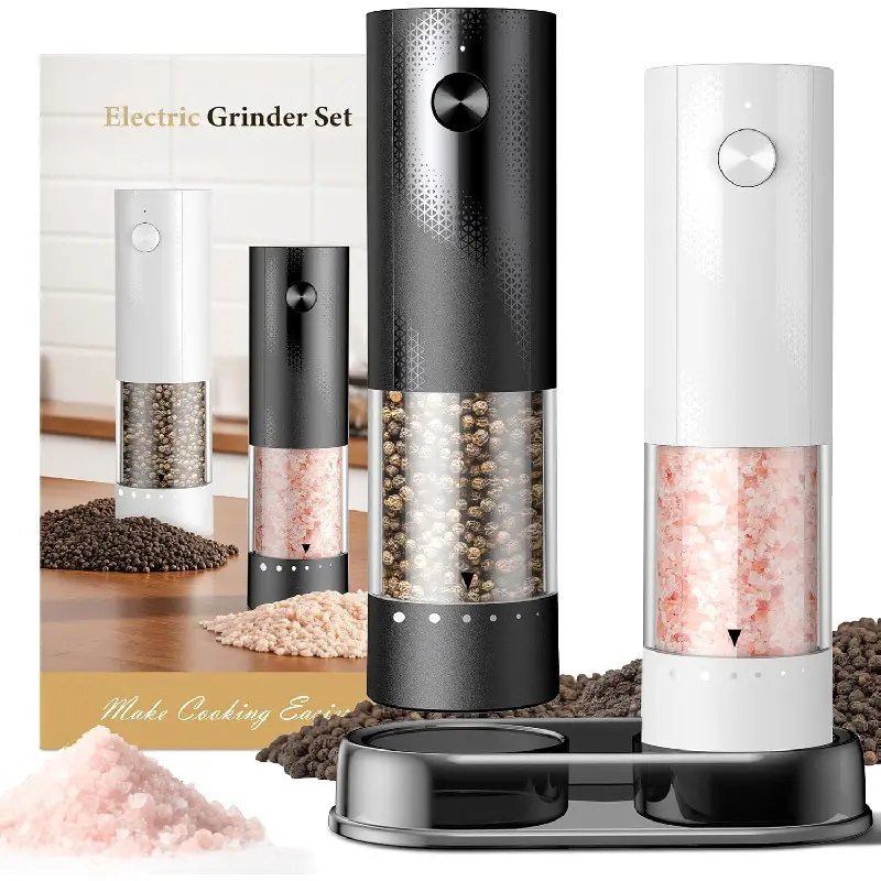 Electric Salt and Pepper Grinder Set - Rechargeable Automatic Salt and Pepper Shakers, Kitchen Appliances with External Adjustable Coarseness, Larger Hopper for Cooking, Home Gifts(2 Pack,Black/White)