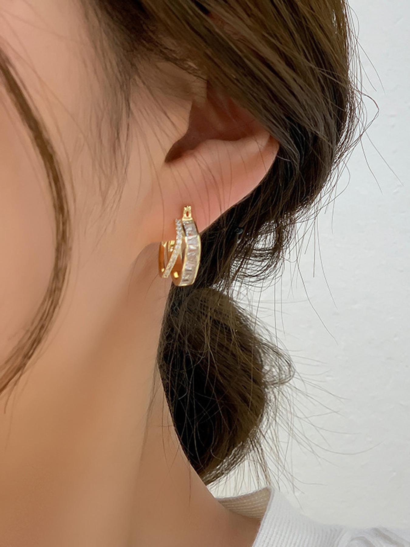 Elegant Artificial Zircon Decor Earrings, Zirconia Hoop Earrings, Fashionable Jewelry for Women, Trendy All-match & Exquisite Jewelry for Birthday Gift