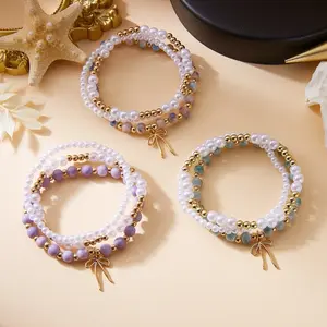 Beaded Bow Bracelet Set for Women, Printed Ceramic & Pearl Jewelry, Trendy Stackable Bracelets, Lightweight Adjustable Wrist Jewelry, Chic Bow Design for Daily Wear, Parties & Vacation