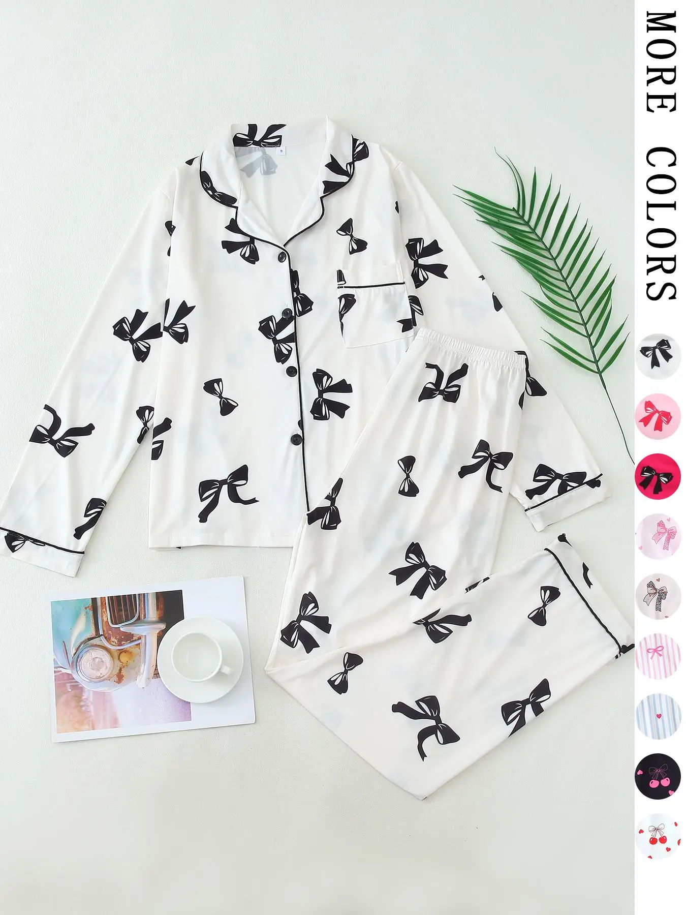 Bow Print Pajama Set, Womenswear, Nightwear, Homewear, French Style Casual Button Down Long Sleeves PJs, Soft 2-Piece Fitted Loungewear Outfit for Women, Perfect Bridal Party & Gift PJ Set, Pajama Lounge Sets