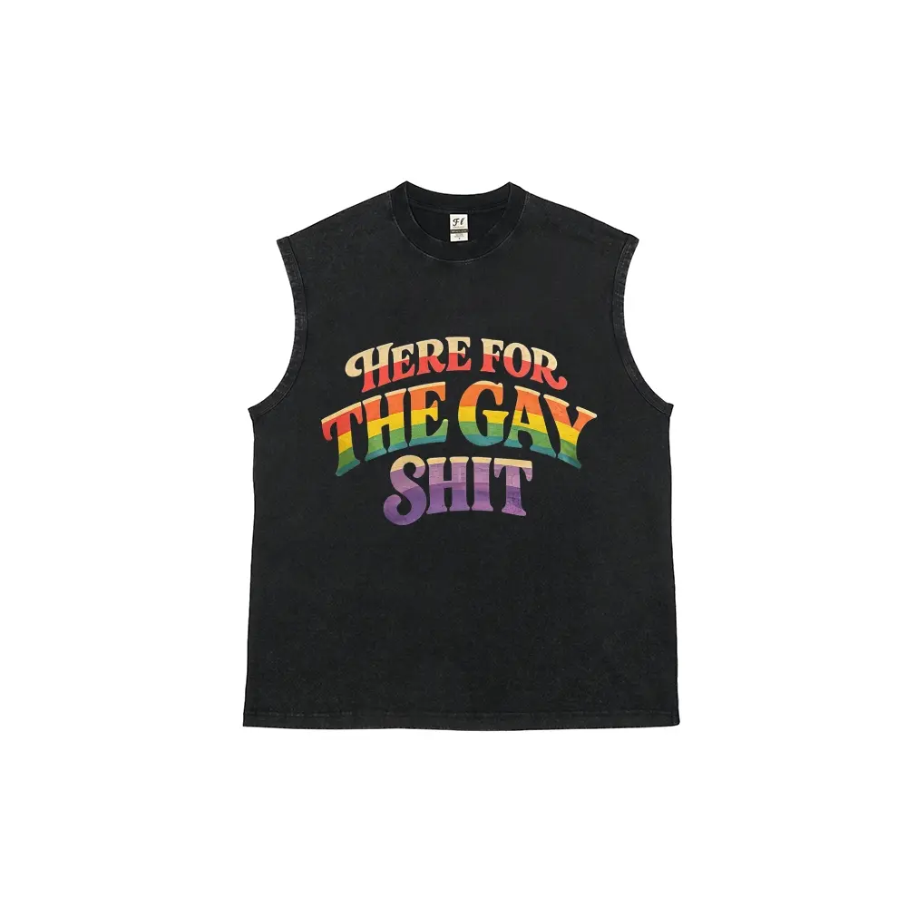 Men Vintage Acid Wash Black Cut Off Muscle Tank Top, Retro Rainbow Gradient Pride Text Graphic Print Sleeveless Vest, Oversized Distressed Cotton Loose Fit LGBTQ Pride Streetwear Workout Casual Tank Tee for Men Teen Boys
