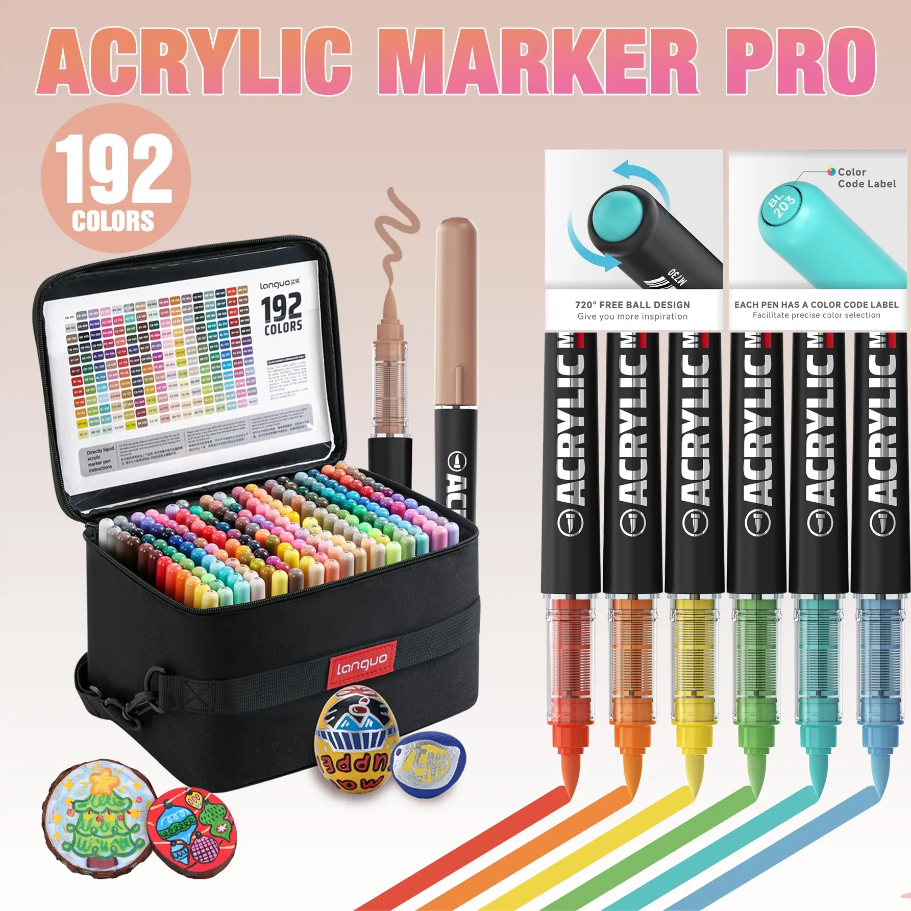 Languo Ink Pro Acrylic Marker Set, Soft Brush Tip, Large Capacity, Multi-Material Use, DIY Crafts, Includes Storage Bag