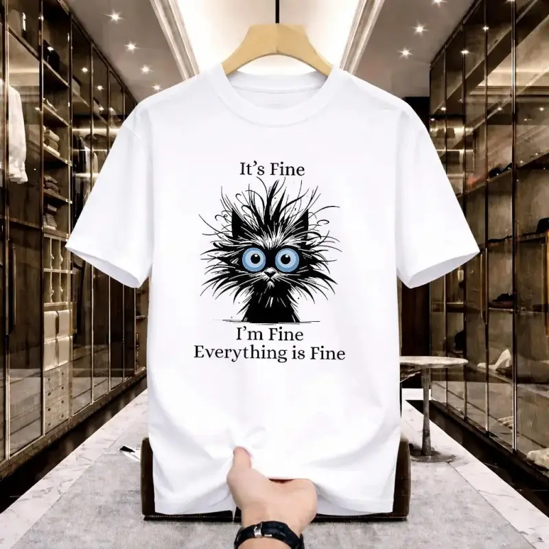 Stressed Out Messy Cat It's Fine I'm Fine Everything Is Fine Funny Quote T-Shirt For Anyone Who Lives For That Relatable, Chaotic Humor And Pretending It’s All Under Control