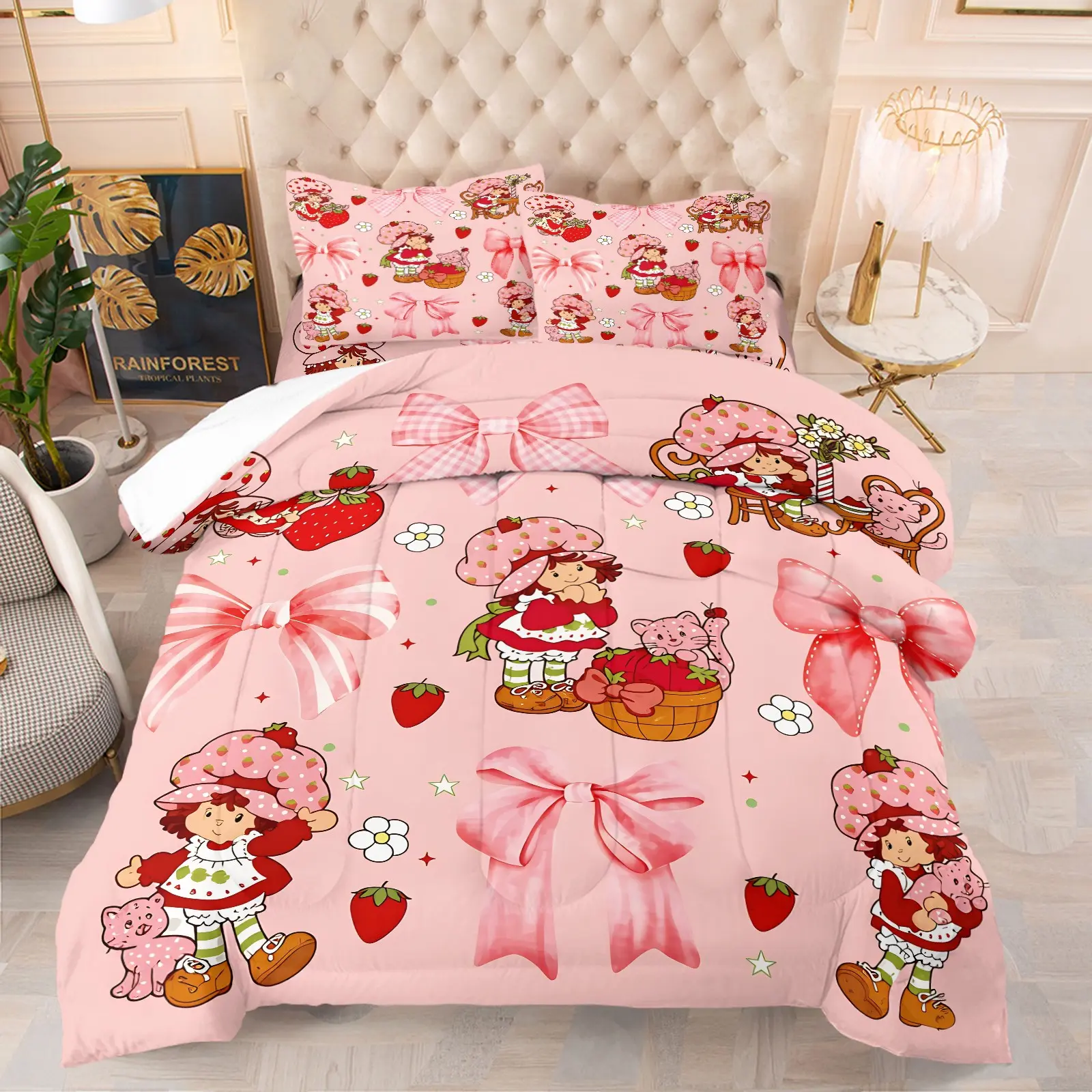 Strawberry Shortcake Comforter Set, 1 Comforter +1‑2 Pillowcases, Soft Cozy Breathable Washable Microfiber Bedding, All‑Season Quilt, Cute Cartoon Girl Strawberry Bow Floral Print, Sweet Pink Girls Bedroom Dorm Decor