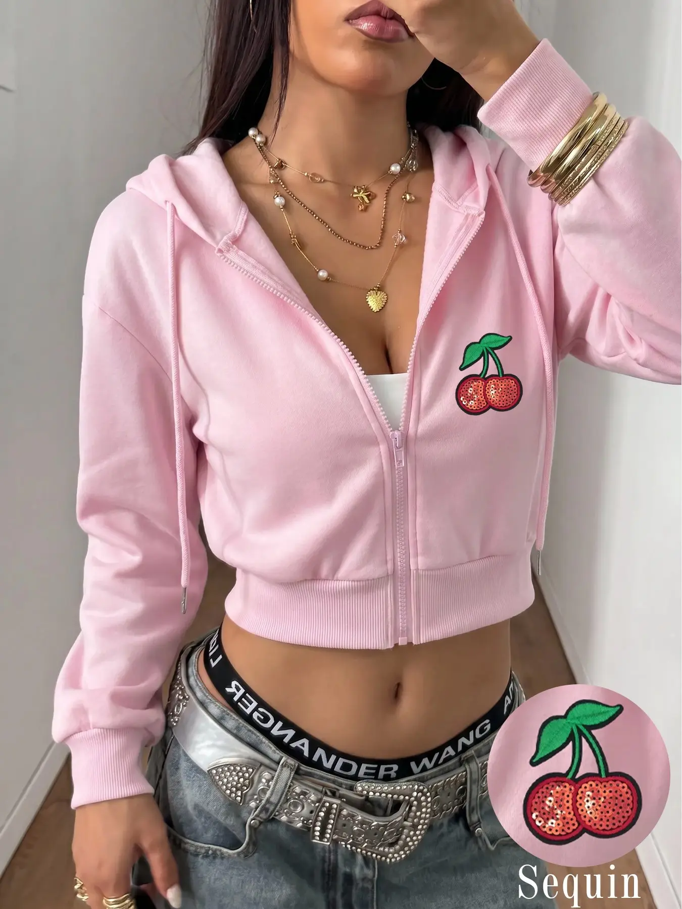 Y2K Sweet Style Sequin Cherry Zip-Up Hoodie, Loose Fit Short Jacket, Soft Fabric, Casual Fall & Winter Outerwear, Campus Daily Wear