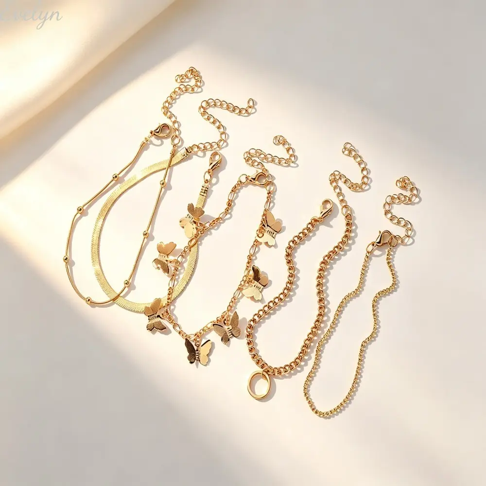 Women's 5-Piece Adjustable Stackable Bracelets Set, Dainty Gold Tone Minimalist Chain Bracelet with Butterfly Charm, Durable Metal for Layering & Everyday Casual Streetwear.