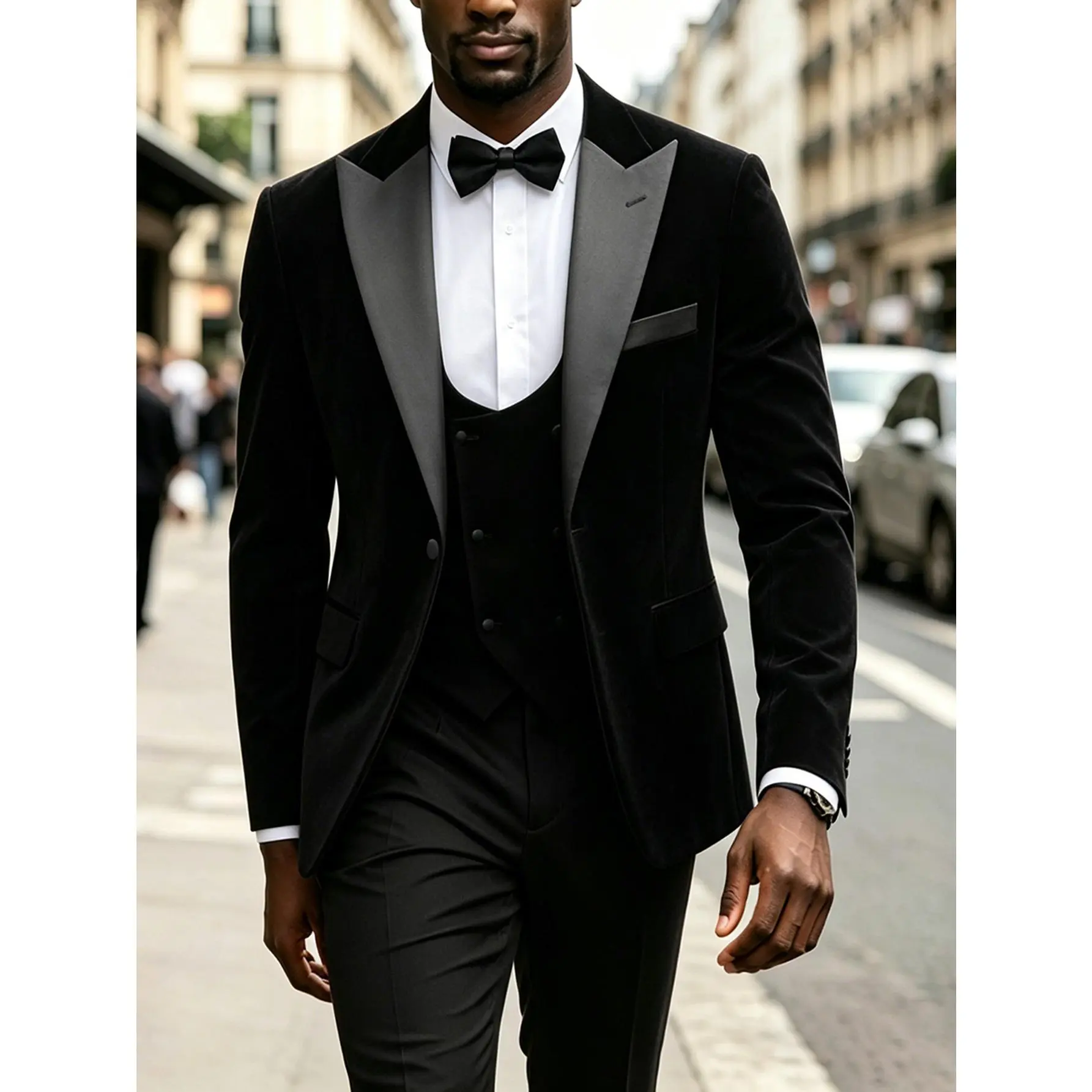 Men's 3 Piece Corduroy Suit Set, Peak Lapel Blazer Vest & Pants, Solid Color Vintage Business Formal Outfit for Wedding Office
