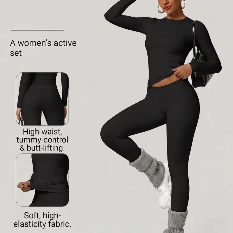 Women's Two-Piece Set Long Sleeve Top and Pants, Comfortable Round Neck T-Shirt + High Waist Slimming Leggings, Fall & Winter Casual Wear Fabric