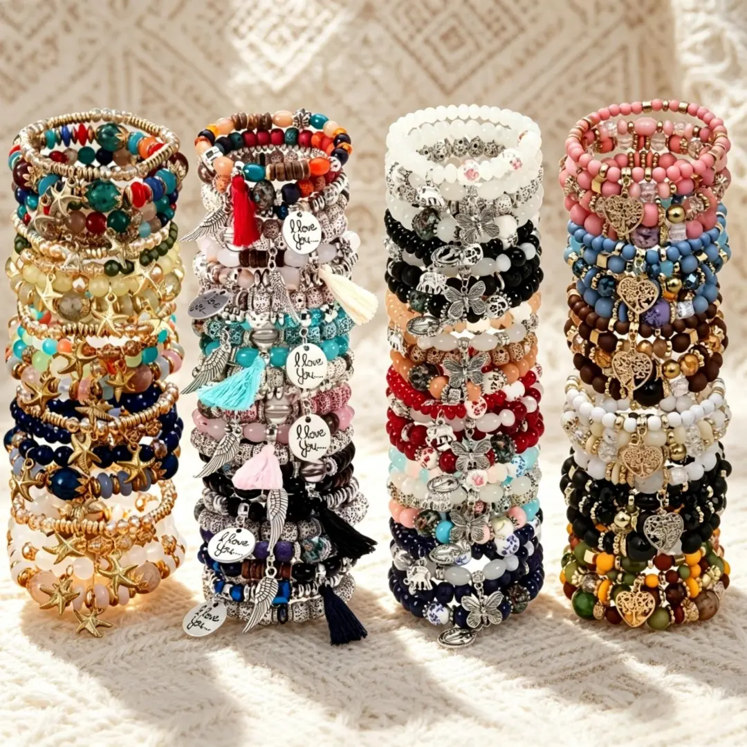 Women's Bohemian Styles Bracelets Bangles Set,11/21/31/43Pcs Multilayer Stackable Stretch Jewelry with Pastel & Vibrant Acrylic Glass Beads, Elastic Fit, Casual Beach Festival & Daily Gift