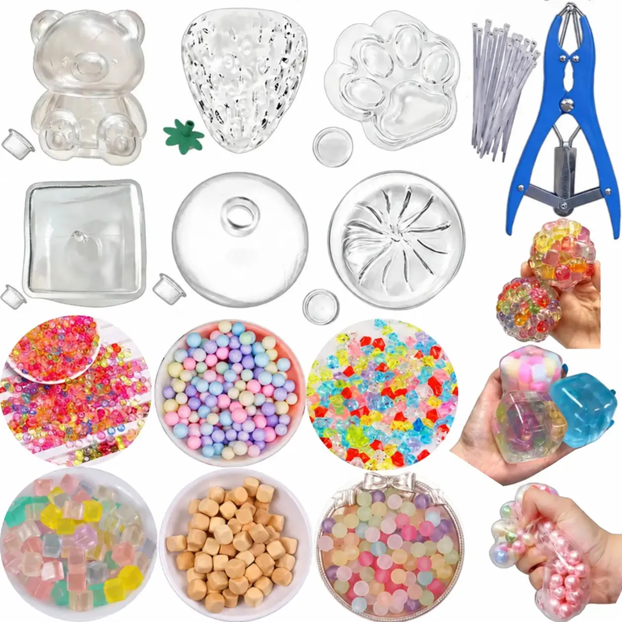DIY Stress Ball Making Kit with 6 Filling Packs, Bear, Cube, Strawberry, Dumpling & Cat Paw Shapes, Includes Expansion Tool, Stress Relief Craft Kit