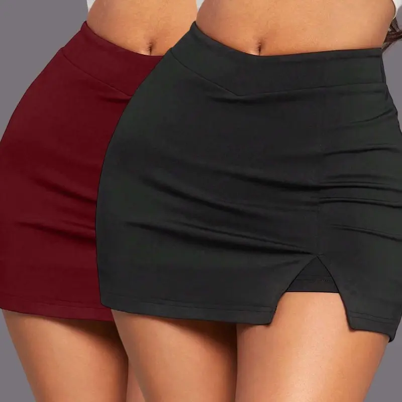 Women's Sexy Slit Hem High Waist Bodycon Fit Skirt, Soft Fabric, Figure-Hugging Design Short Mini Skirt, Available in One or Two Pack
