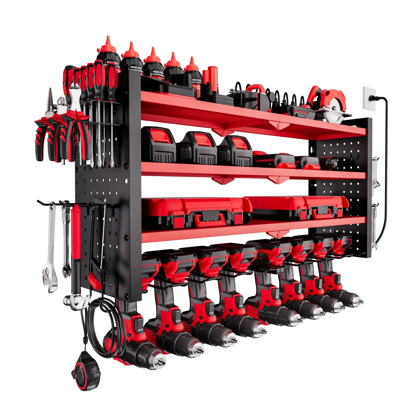 VEVOR Steel 4-Tier Power Tool Organizer with Charging Station, 8 Drill Holders, Side Pegboard, 8-Outlet Power Strips, Hanging Garage Workbench Storage Rack (240 lbs Capacity)