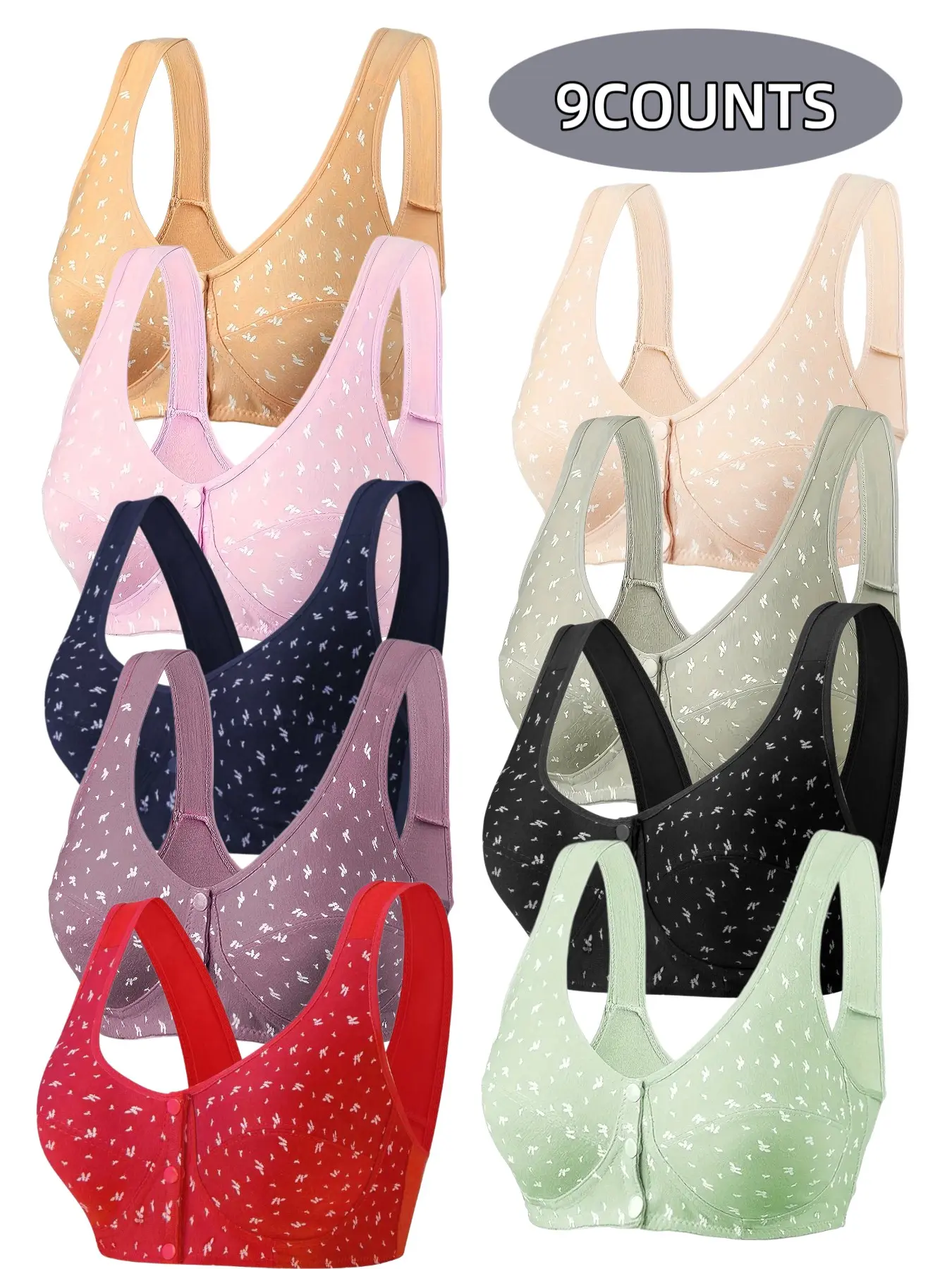 9-Pack Wireless Front Buckle Push-Up Bras, Seamless Comfort Fit, Daily Wear Underwire-Free Bra, Breathable Soft Fabric, Full Day Support