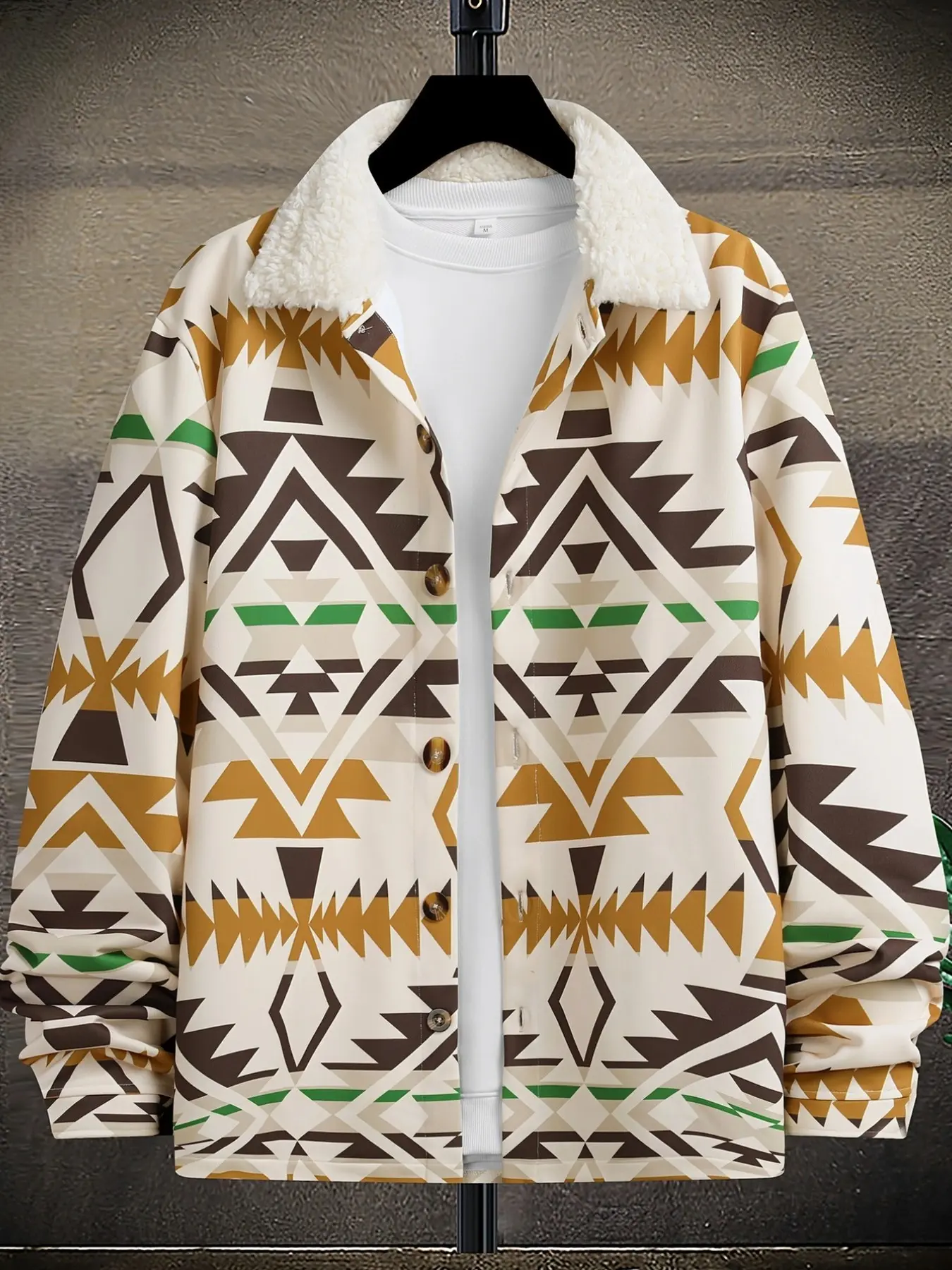 Men's Vintage Aztec Geometric Print Jacket, Sheepskin Collar Button Ethnic Style, Autumn Winter Casual Coat, Retro Fashion Outerwear
