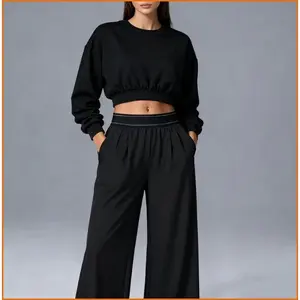 Odyssey Crewneck Cropped Sweatshirt & Straight-leg Quick-dry Pants Set - AmericanRetroPants HighWaistWideLegBottoms LightweightCasualWear