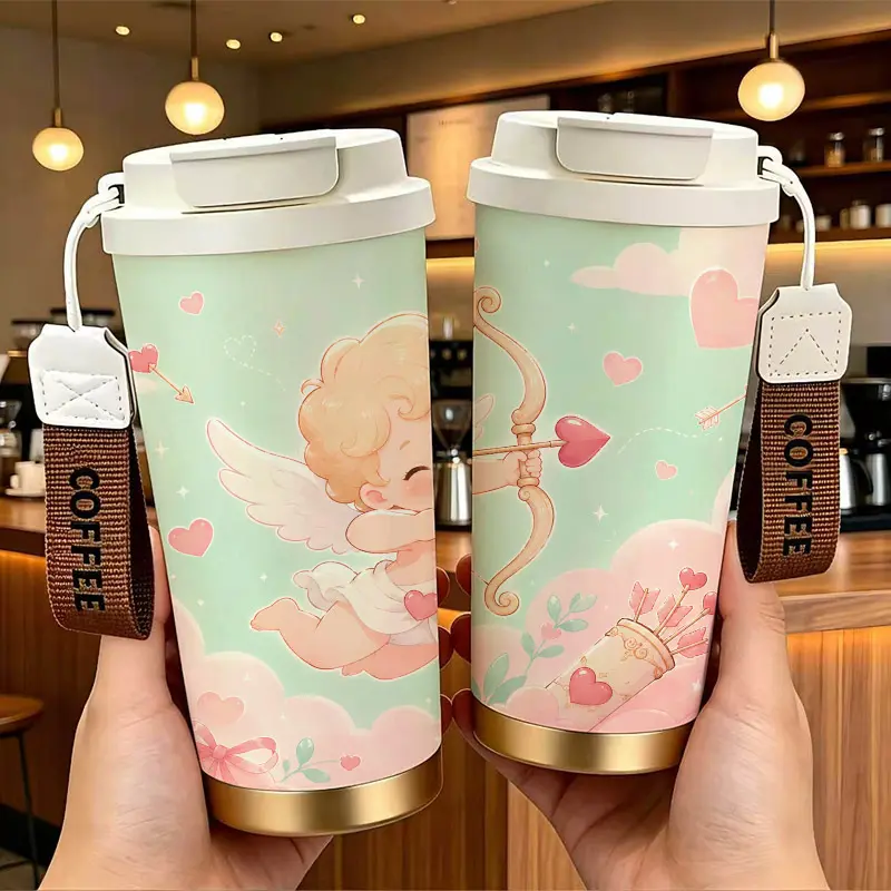 Romantic Cupid Heart Pattern Stainless Steel Insulated Coffee Cup with Double Drink Design， Portable Travel Tumbler with COFFEE Wrist Strap， Reusable Thermal Mug， Perfect Gifts For Birthday Holiday.