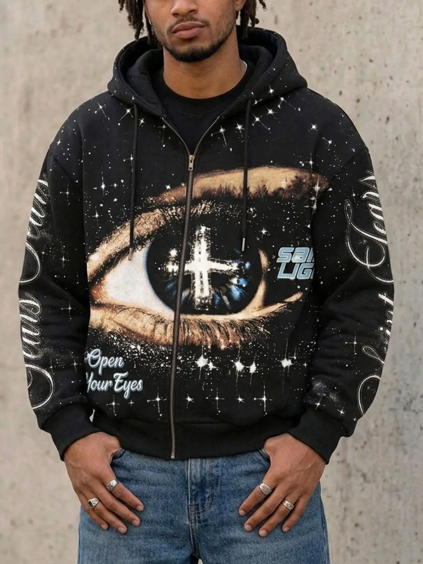 Men Women Hooded Sweatshirt, Starry Eyes Print, Casual Streetwear, Fall Winter, Outdoor Party, Picnic, Gathering