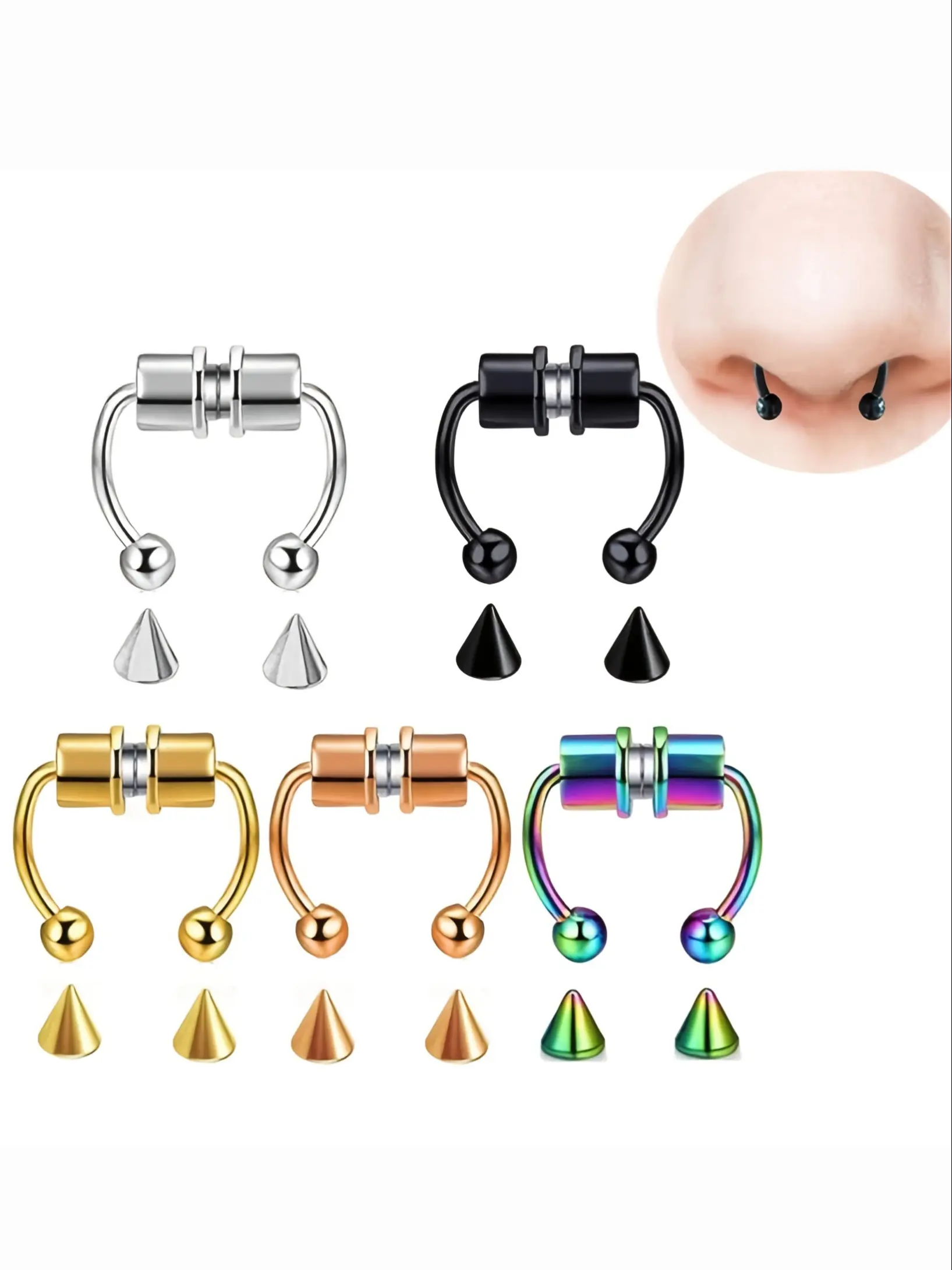 5Pcs Fake Nose Ring Hoop Magnetic Septum Nose Ring Horseshoe Stainless Steel Faux Fake Nose Septum Rings