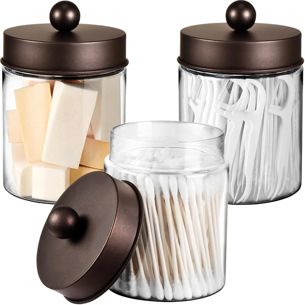 3 count  Decor Qtip Holder  Jars, (Bronze, Plastic) | Bathroom  Storage Organizer-Countertop Canister Container & Cute Stickers for  Swab, Ball, Floss, Paper Clips