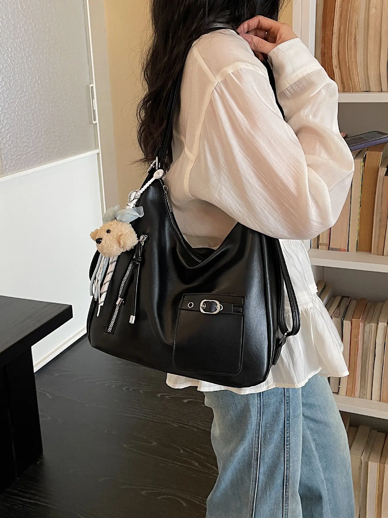 Soft PU leather women's large Hobo handbag, front metal buckle pocket, detachable teddy bear pendant, adjustable wide shoulder strap, multiple zipper compartments, vintage daily crossbody bag