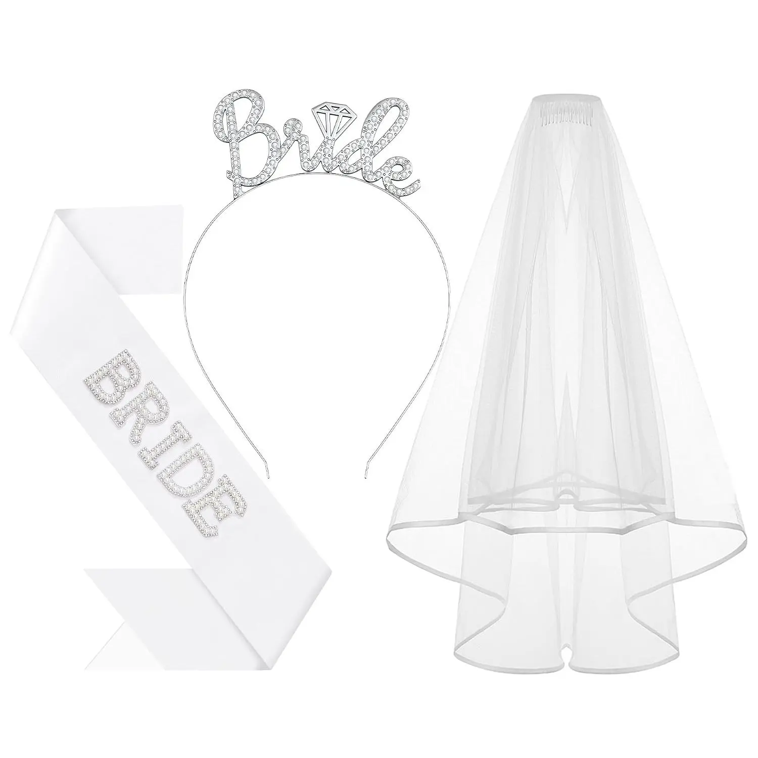 3 count Bride to Be Headband with Sash and Veil for Bachelorette Party | Bride Decorations, Bridal Shower Favors, Wedding Accessories for
