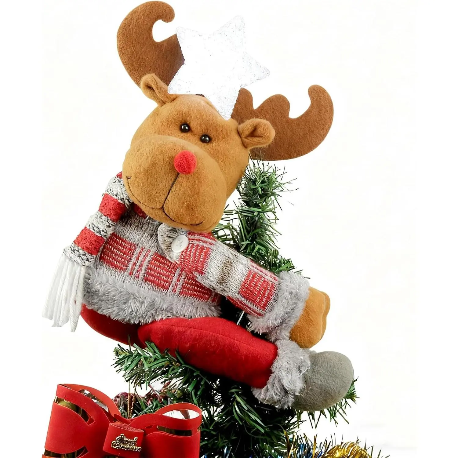 Christmas Plush Reindeer Tree Topper with Glowing White  - Multifunctional Xmas Treetop Ornament,  Curtain Tie & Hugger  Bottle Party Decoration