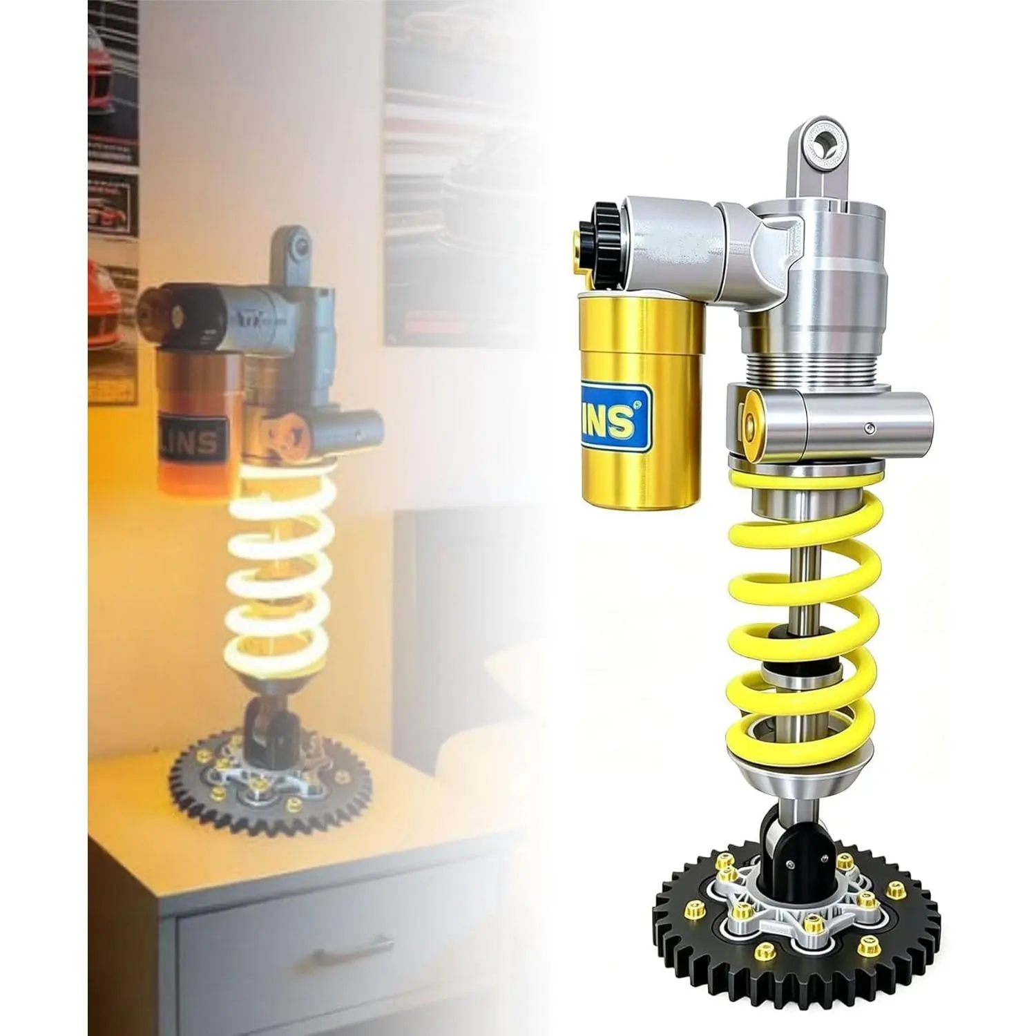 Shock Absorber Table Lamp – Industrial Style LED Night Light, Touch Adjustable LED Night Light with 3 Light Colors, for Gaming Room, Garage & Car Lovers Gift