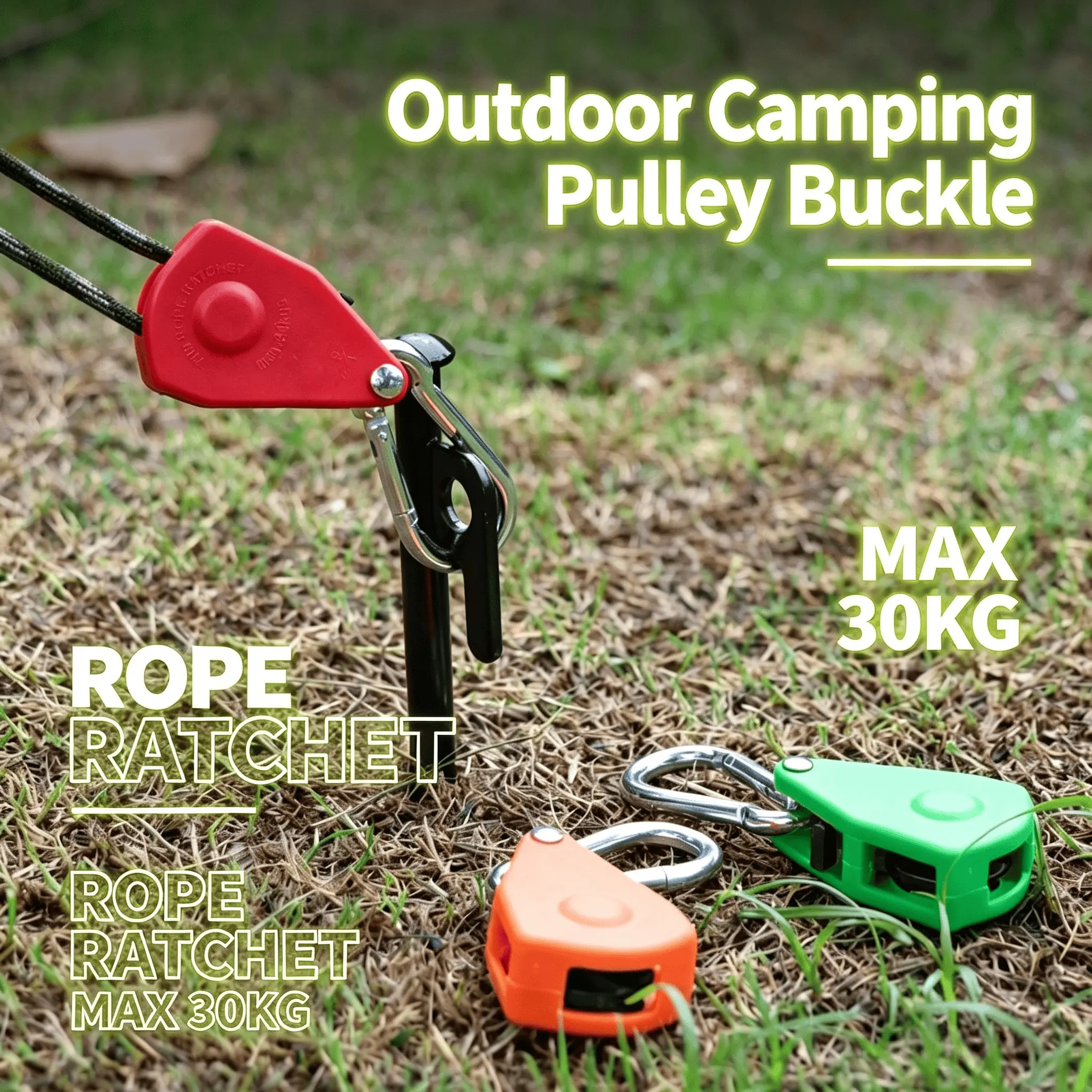 Heavy-duty multi-functional outdoor camping tent rope with adjustable pulley system - anti-slip, windproof, and pulley ratchet hanger, fasteners, suitable for outdoor camping, camping equipment, outdoor camping supplies, stable and easy to set up.