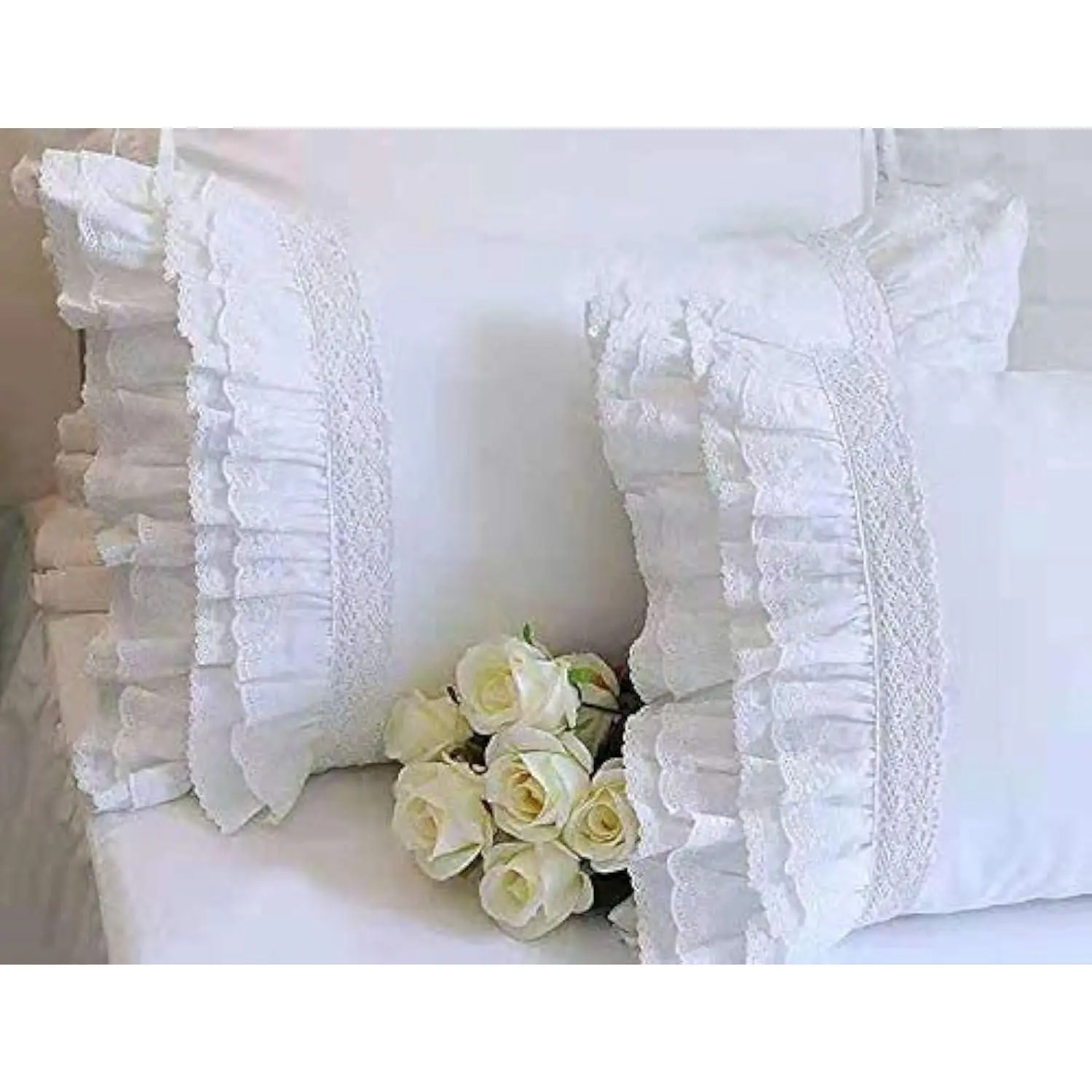 2-Pack White Pillow Shams Pillowcases with Lace Ruffles Vintage Pillow Covers Cotton Queen Size 20"X30" Luxury Elegant